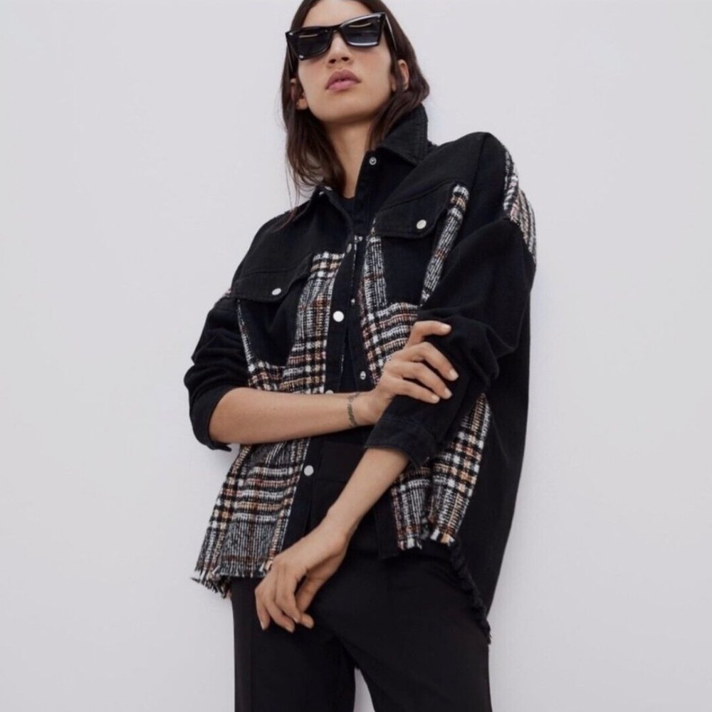 ZARA black oversized denim jacket with tweed panels Size M